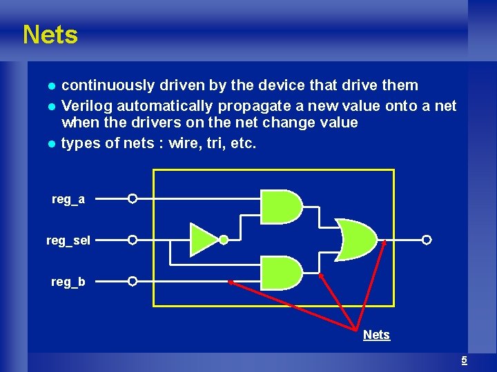 Nets continuously driven by the device that drive them l Verilog automatically propagate a