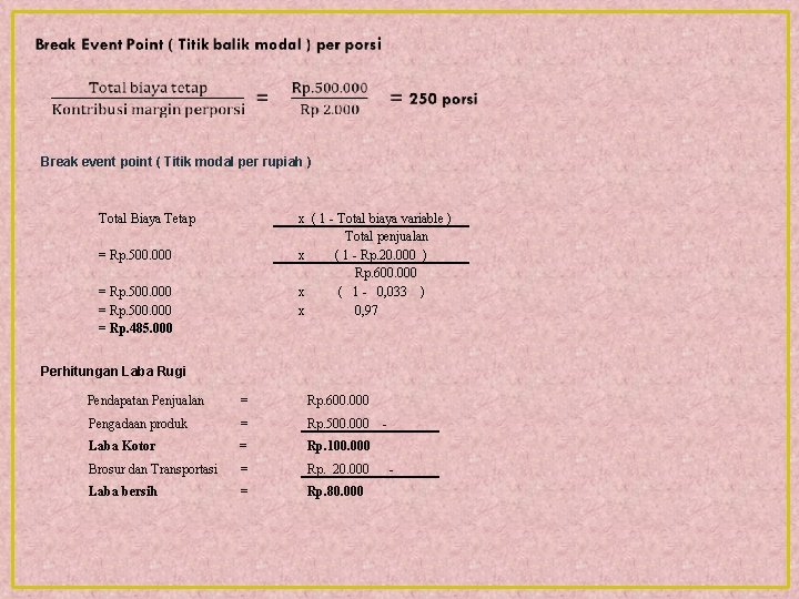 Break event point ( Titik modal per rupiah ) Total Biaya Tetap x (