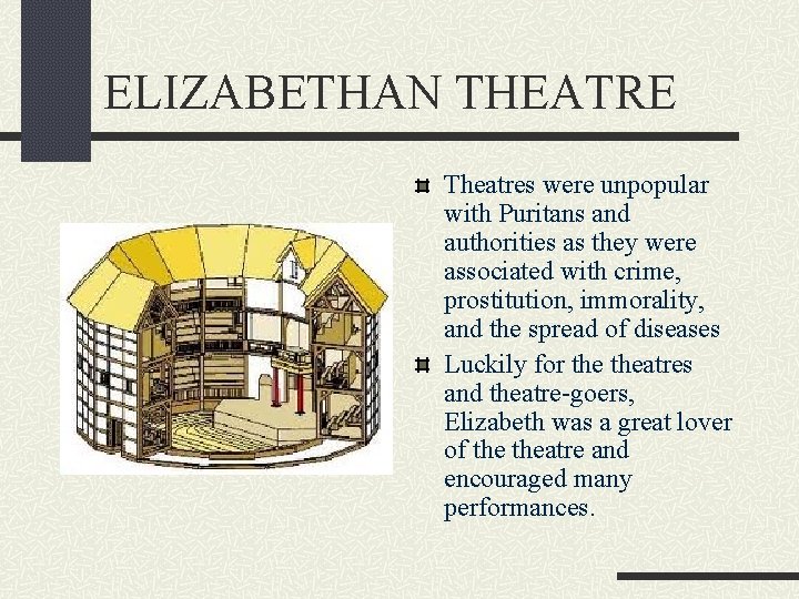 ELIZABETHAN THEATRE Theatres were unpopular with Puritans and authorities as they were associated with