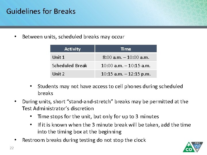 Guidelines for Breaks • Between units, scheduled breaks may occur Activity Time Unit 1