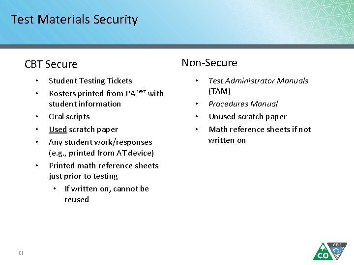 Test Materials Security CBT Secure • • • 33 Student Testing Tickets Rosters printed
