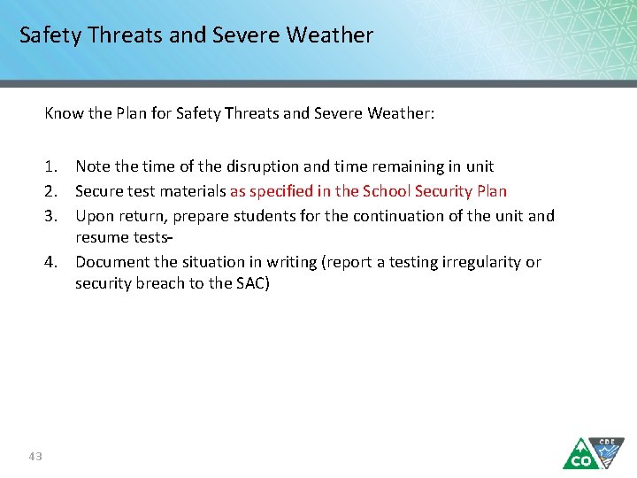 Safety Threats and Severe Weather Know the Plan for Safety Threats and Severe Weather: