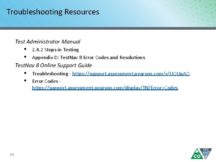 Troubleshooting Resources Test Administrator Manual • • 2. 4. 2 Stops in Testing Appendix