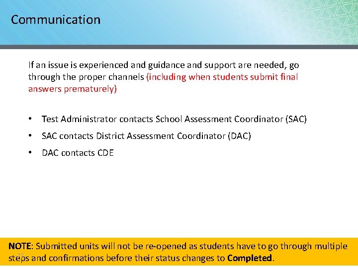 Communication If an issue is experienced and guidance and support are needed, go through