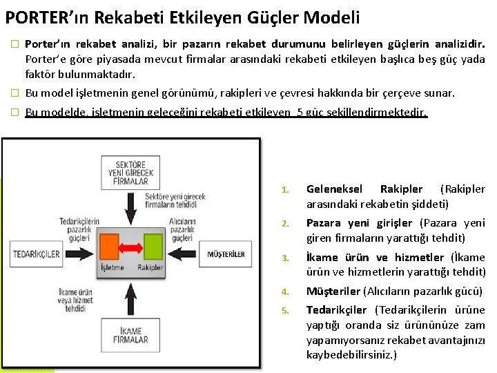 PORTER’ın Rekabeti Etkileyen Güçler Modeli � Porter’ın rekabet analizi, bir pazarın rekabet durumunu belirleyen