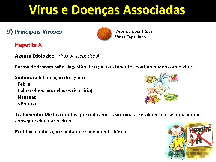 Vírus e Doenças Associadas 9) Principais Viroses Vírus da hepatite A Vírus Capsulado Hepatite