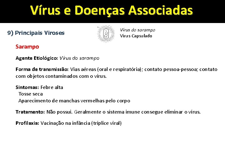 Vírus e Doenças Associadas 9) Principais Viroses Vírus do sarampo Vírus Capsulado Sarampo Agente