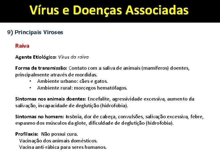 Vírus e Doenças Associadas 9) Principais Viroses Raiva Agente Etiológico: Vírus da raiva Forma