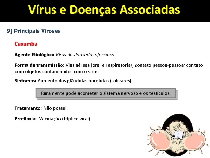 Vírus e Doenças Associadas 9) Principais Viroses Caxumba Agente Etiológico: Vírus da Parótida infecciosa