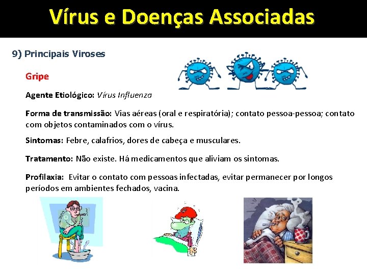 Vírus e Doenças Associadas 9) Principais Viroses Gripe Agente Etiológico: Vírus Influenza Forma de