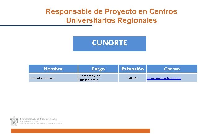 Responsable de Proyecto en Centros Universitarios Regionales CUNORTE Nombre Clementina Gómez Cargo Responsable de