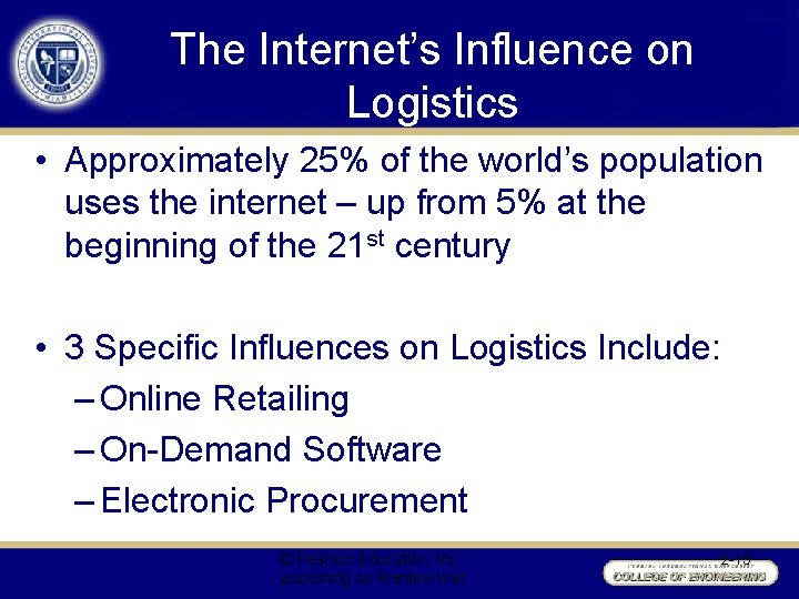 The Internet’s Influence on Logistics • Approximately 25% of the world’s population uses the