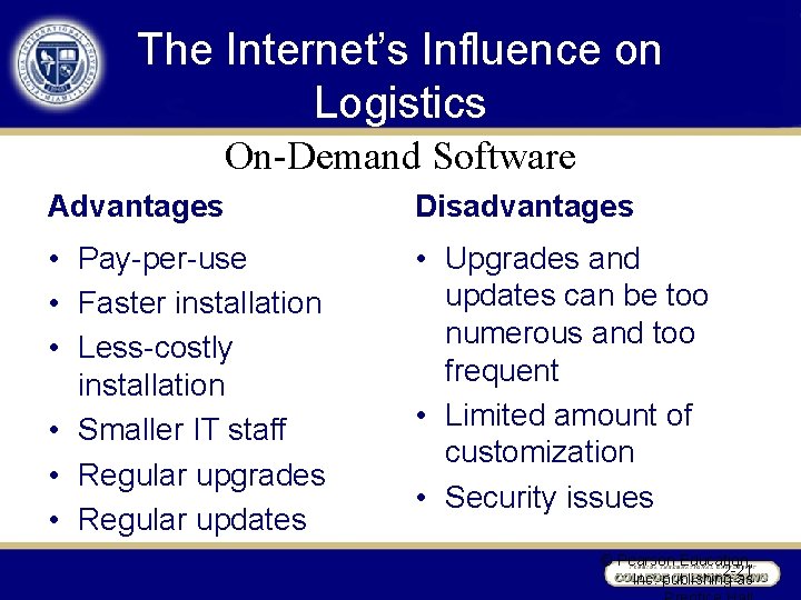 The Internet’s Influence on Logistics On-Demand Software Advantages Disadvantages • Pay-per-use • Faster installation