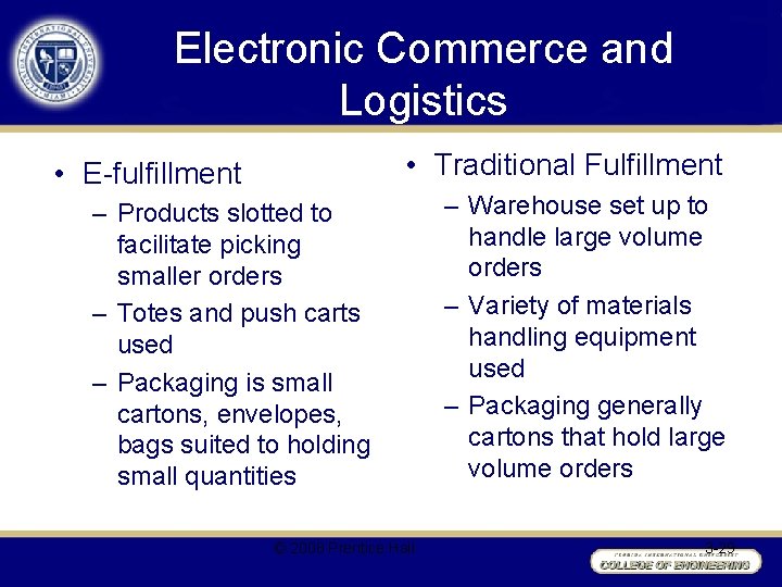 Electronic Commerce and Logistics • Traditional Fulfillment • E-fulfillment – Products slotted to facilitate