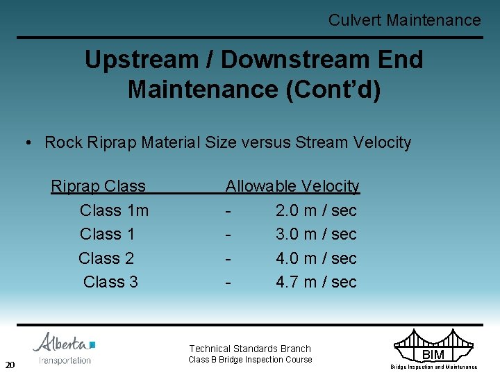 Culvert Maintenance Upstream / Downstream End Maintenance (Cont’d) • Rock Riprap Material Size versus