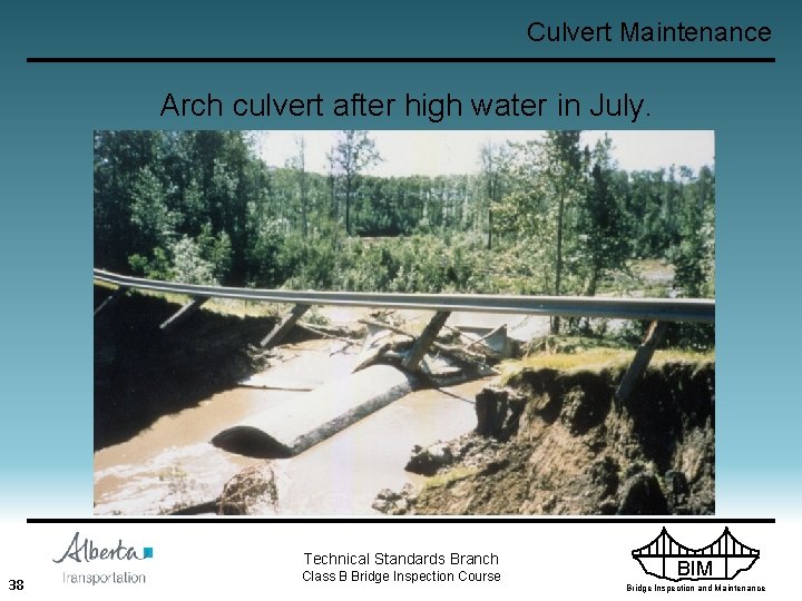 Culvert Maintenance Arch culvert after high water in July. Technical Standards Branch 38 Class