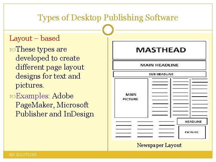 Types of Desktop Publishing Software Layout – based These types are developed to create