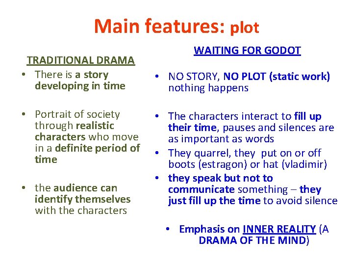 Main features: plot TRADITIONAL DRAMA • There is a story developing in time •