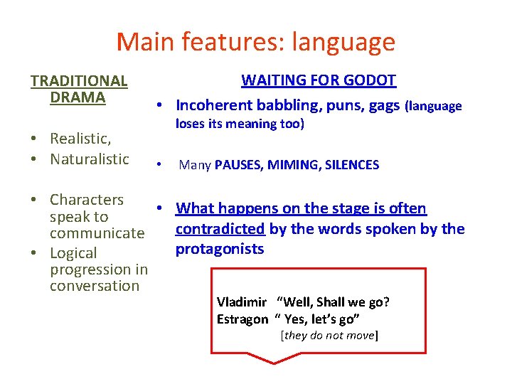 Main features: language TRADITIONAL DRAMA • Realistic, • Naturalistic WAITING FOR GODOT • Incoherent