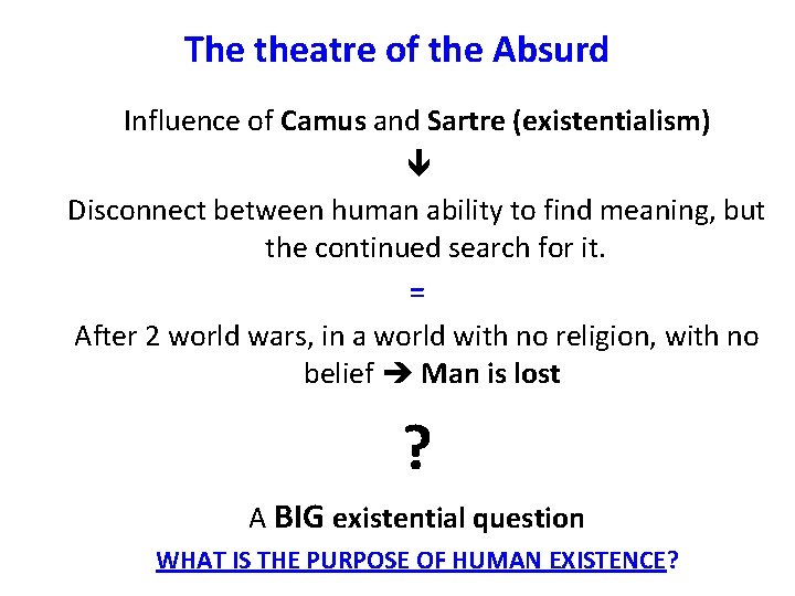 The theatre of the Absurd Influence of Camus and Sartre (existentialism) Disconnect between human