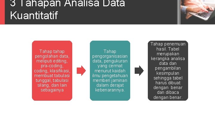 3 Tahapan Analisa Data Kuantitatif Tahap tahap pengolahan data, meliputi editing, pra-coding, klasifikasi, membuat