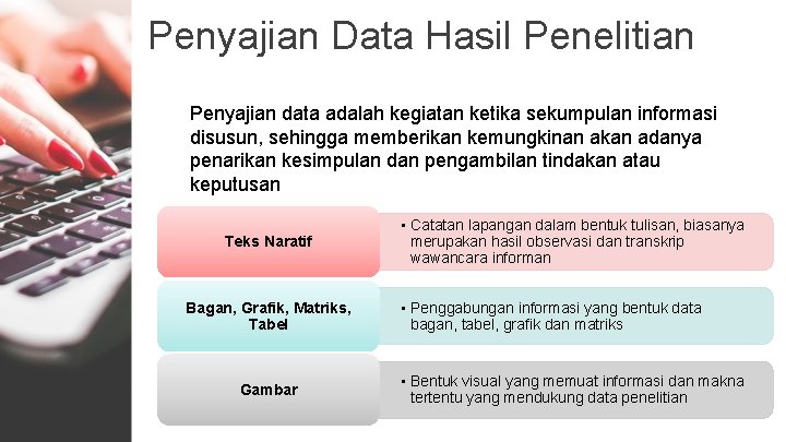 Penyajian Data Hasil Penelitian Penyajian data adalah kegiatan ketika sekumpulan informasi disusun, sehingga memberikan