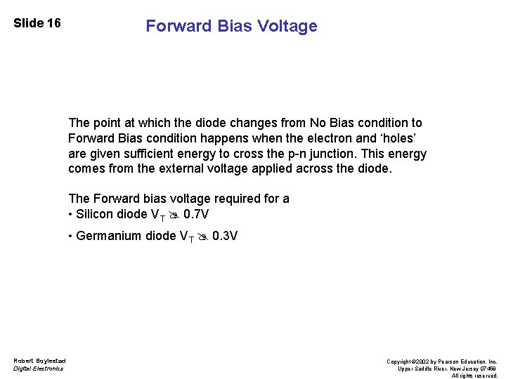 Slide 16 Forward Bias Voltage The point at which the diode changes from No