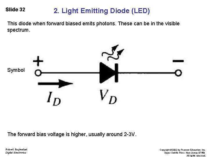 Slide 32 2. Light Emitting Diode (LED) This diode when forward biased emits photons.