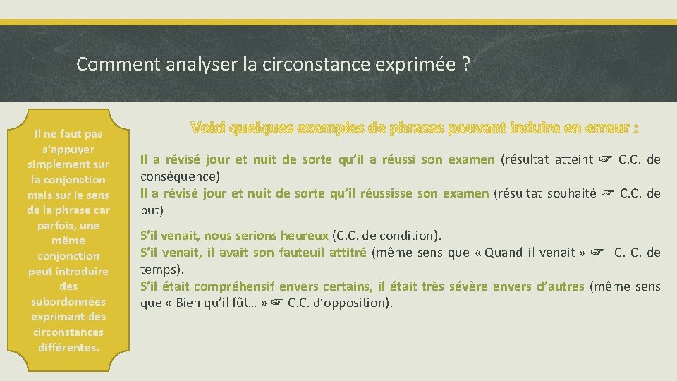 Comment analyser la circonstance exprimée ? Il ne faut pas s’appuyer simplement sur la Comment analyser la circonstance exprimée ? Il ne faut pas s’appuyer simplement sur la