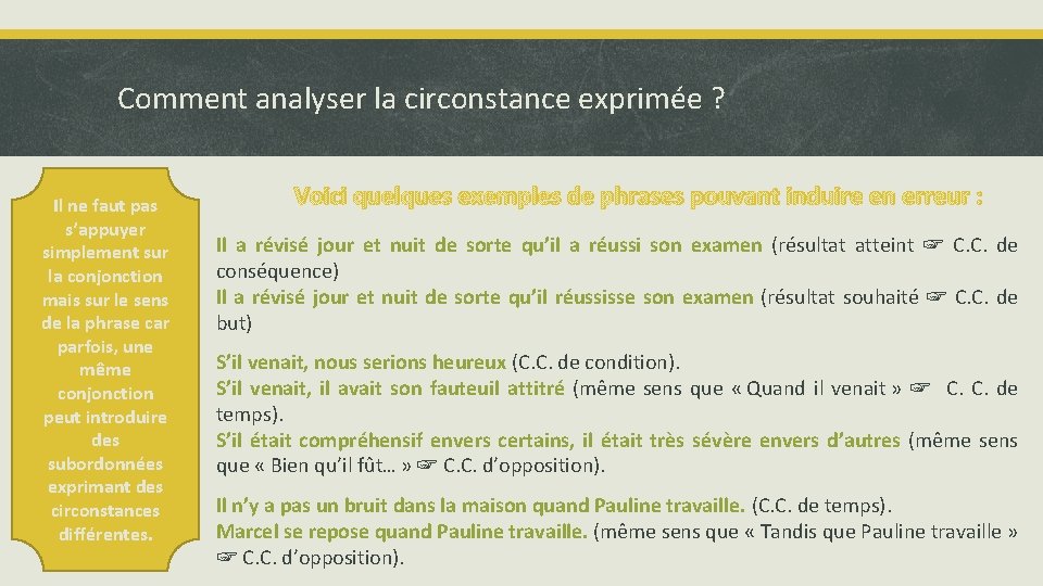 Comment analyser la circonstance exprimée ? Il ne faut pas s’appuyer simplement sur la Comment analyser la circonstance exprimée ? Il ne faut pas s’appuyer simplement sur la