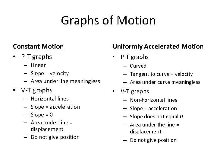 Graphs of Motion Constant Motion • P-T graphs – Linear – Slope = velocity Graphs of Motion Constant Motion • P-T graphs – Linear – Slope = velocity