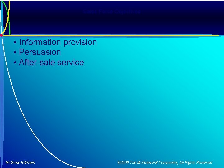Sales Force Objectives • Information provision • Persuasion • After-sale service Mc. Graw-Hill/Irwin ©