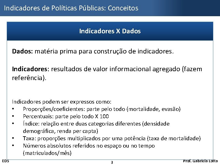 Indicadores de Políticas Públicas: Conceitos Indicadores X Dados: matéria prima para construção de indicadores.