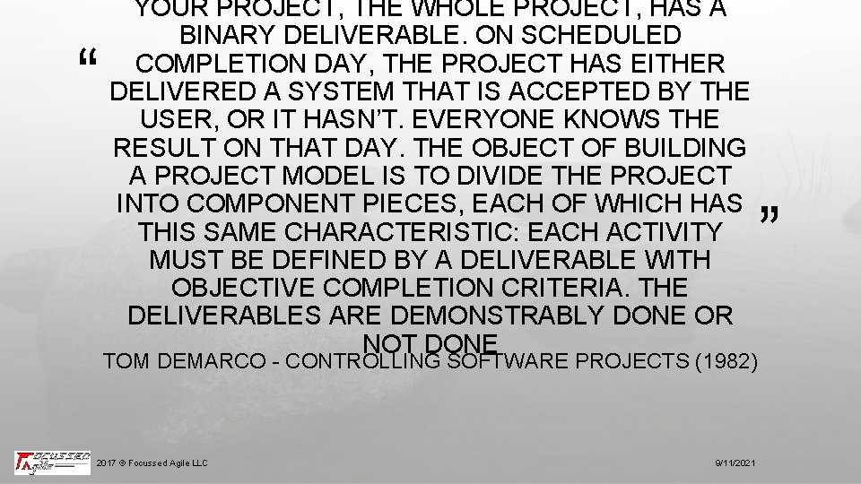 “ YOUR PROJECT, THE WHOLE PROJECT, HAS A BINARY DELIVERABLE. ON SCHEDULED COMPLETION DAY,