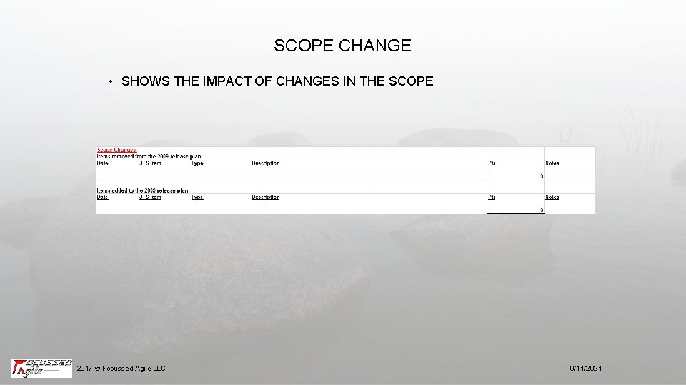 SCOPE CHANGE • SHOWS THE IMPACT OF CHANGES IN THE SCOPE 2017 © Focussed