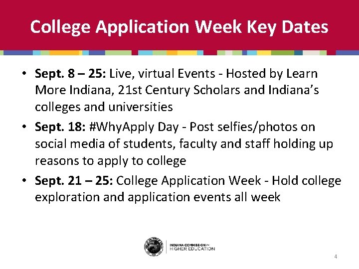 College Application Week Key Dates • Sept. 8 – 25: Live, virtual Events -