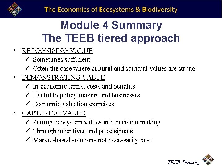 Module 4 Summary The TEEB tiered approach • RECOGNISING VALUE ü Sometimes sufficient ü