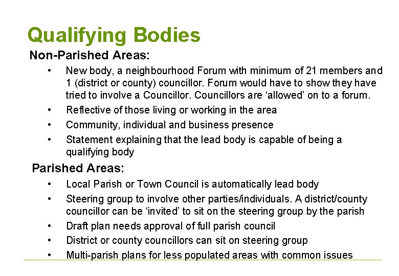 Qualifying Bodies Non-Parished Areas: • • New body, a neighbourhood Forum with minimum of