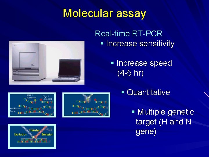 Molecular assay Real-time RT-PCR § Increase sensitivity § Increase speed (4 -5 hr) §