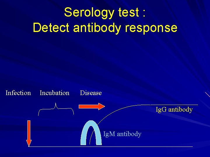 Serology test : Detect antibody response Infection Incubation Disease Ig. G antibody Ig. M