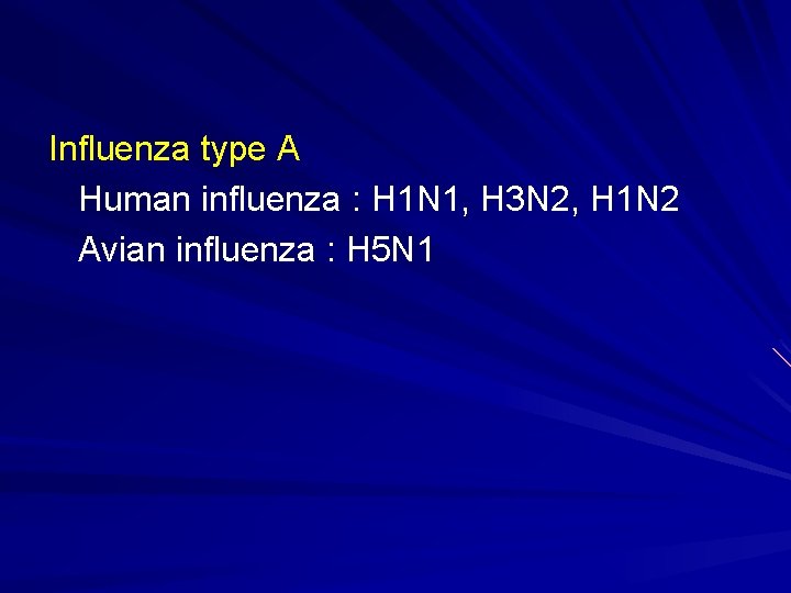 Influenza type A Human influenza : H 1 N 1, H 3 N 2,