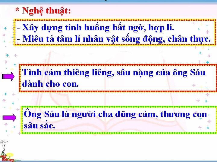 * Nghệ thuật: - Xây dựng tình huống bất ngờ, hợp lí. - Miêu