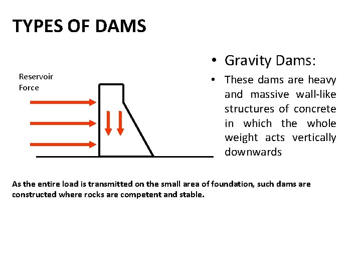 TYPES OF DAMS • Gravity Dams: Reservoir Force • These dams are heavy and