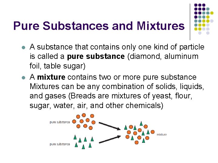 Pure Substances and Mixtures l l A substance that contains only one kind of