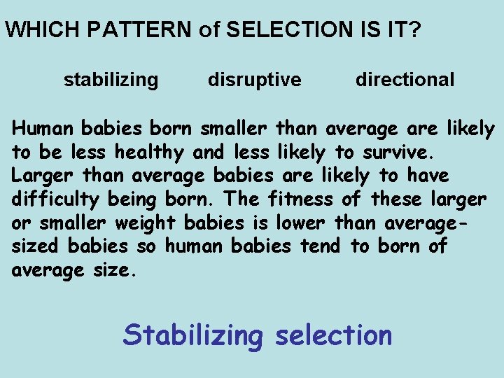 WHICH PATTERN of SELECTION IS IT? stabilizing disruptive directional Human babies born smaller than