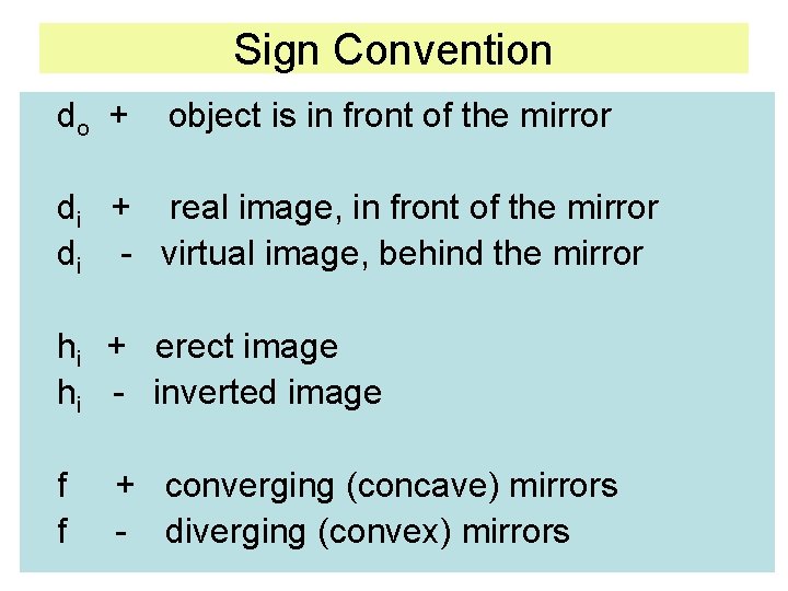 Sign Convention do + object is in front of the mirror di + real