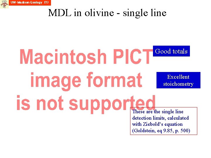 MDL in olivine - single line Good totals Excellent stoichometry These are the single