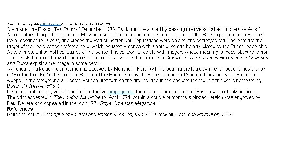 A small-but-brutally vivid political cartoon deploring the Boston Port Bill of 1774. Soon after