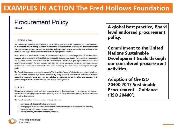 EXAMPLES IN ACTION The Fred Hollows Foundation A global best practice, Board level endorsed