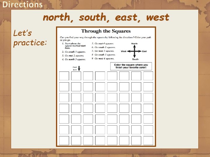 Directions north, south, east, west Let’s practice: 